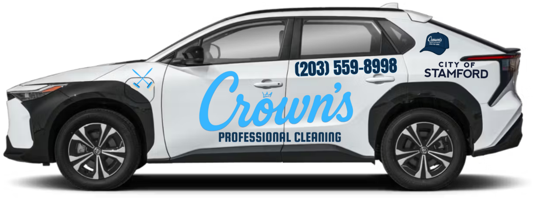 Crown’s company car with the full blue Crown’s Professional Cleaning logo visible
