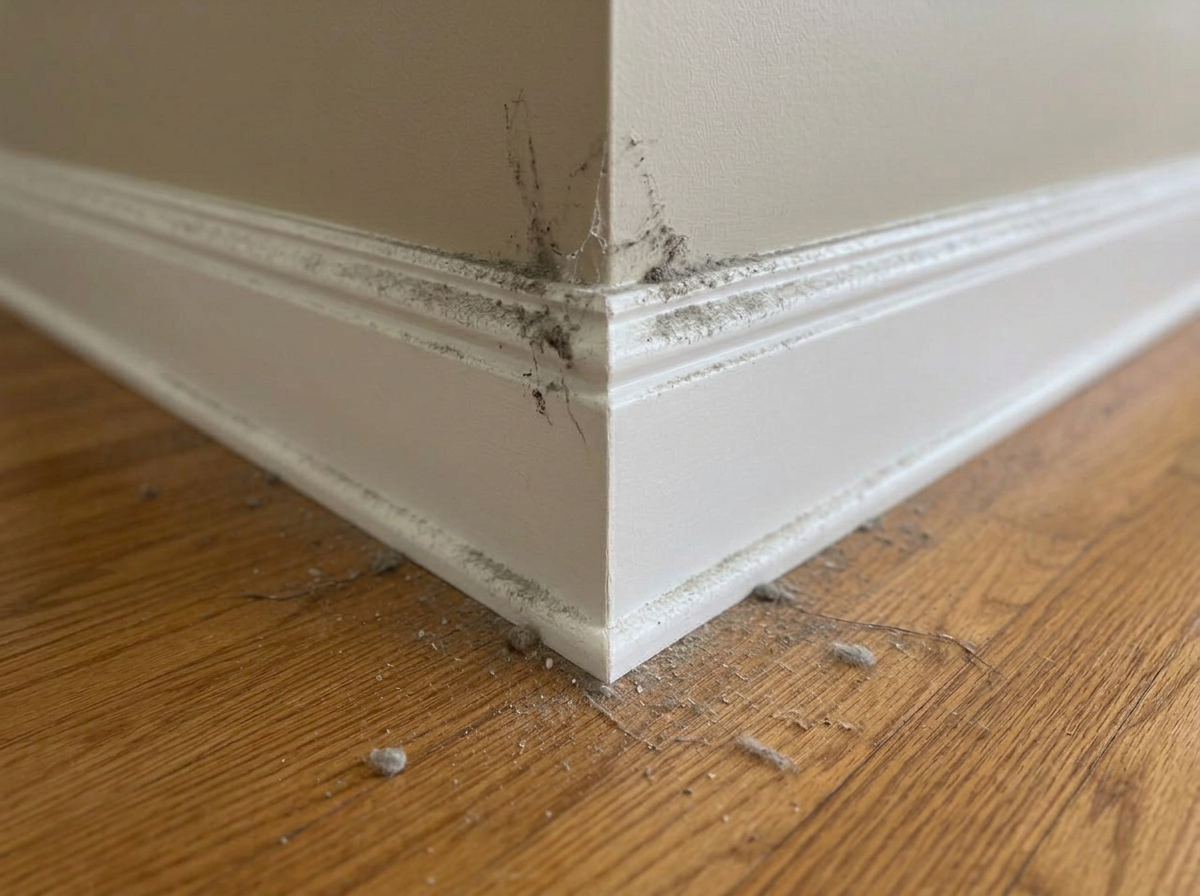 Illustrative dusty baseboard before Crown’s dusting, with dust buildup and cobwebs