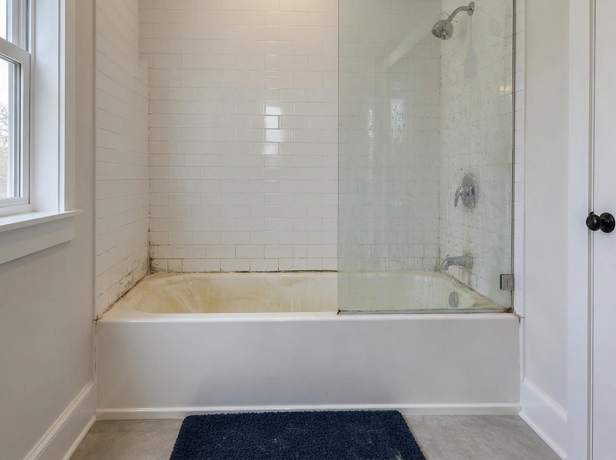 Illustrative bathroom before cleaning, with heavy buildup